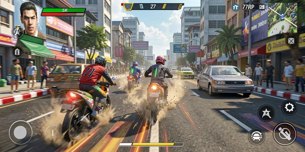 Screenshot 77RP menampilkan balapan seru di jalanan kota.