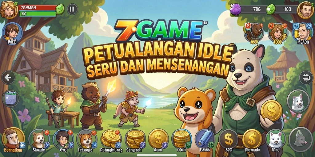 Tangkapan layar dari gameplay 7GAME menunjukkan karakter dan bangunan yang menarik.