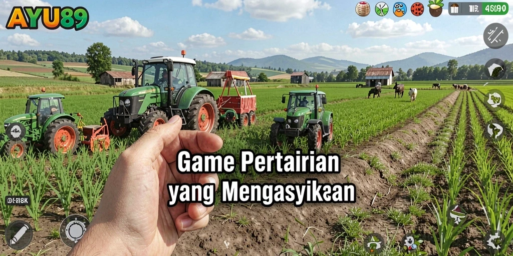 Tampilan gameplay AYU89 menampilkan kebun yang penuh warna.