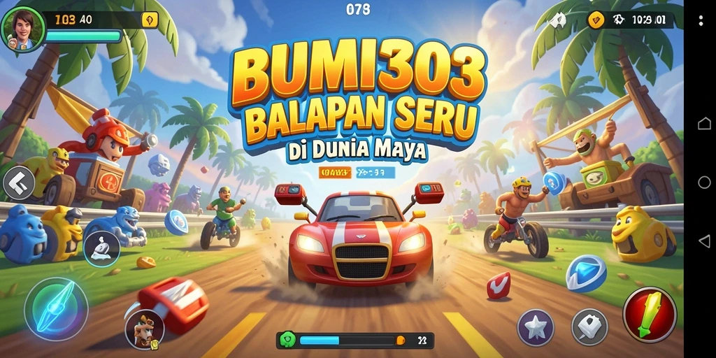 Gameplay balapan seru BUMI303 dengan mobil yang melaju kencang.