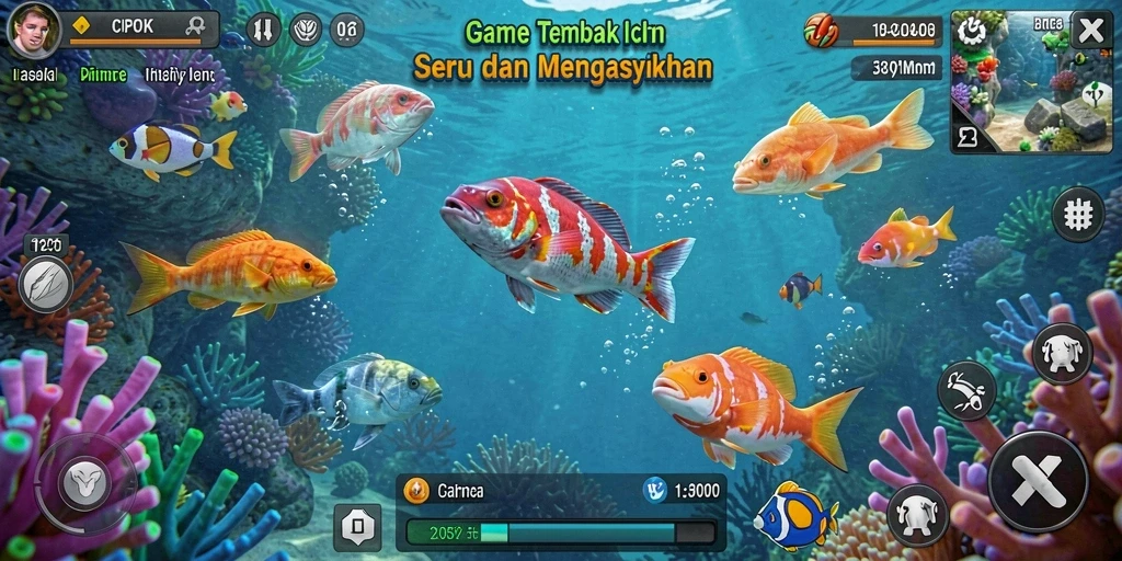 Tampilan gameplay <strong>CIPOK</strong> saat menembak ikan yang beragam.