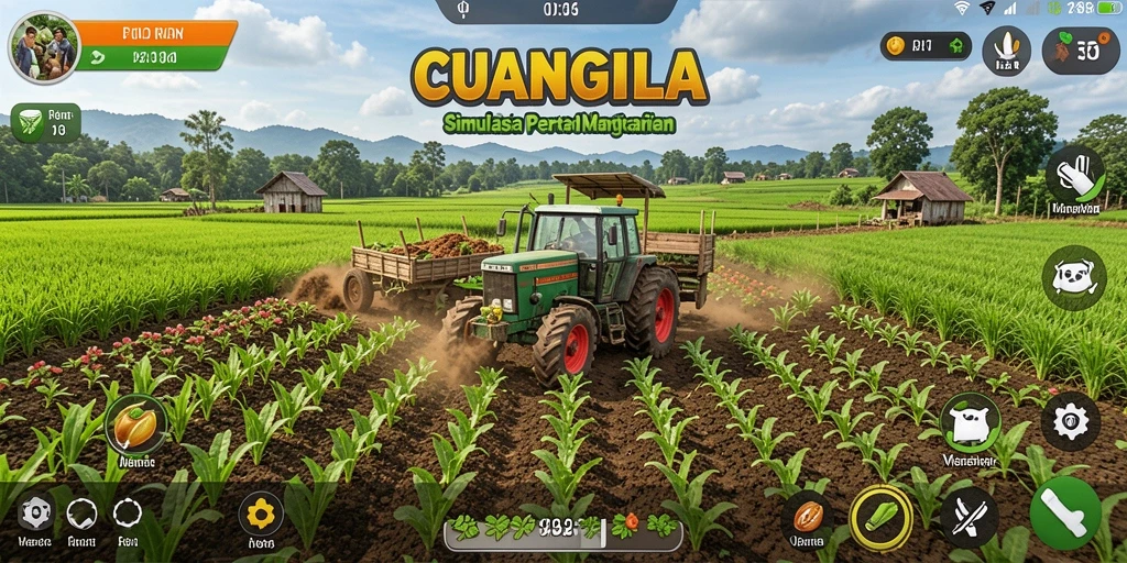 Screenshot CUANGILA menampilkan pemain merawat kebun dengan tanaman berwarna cerah.