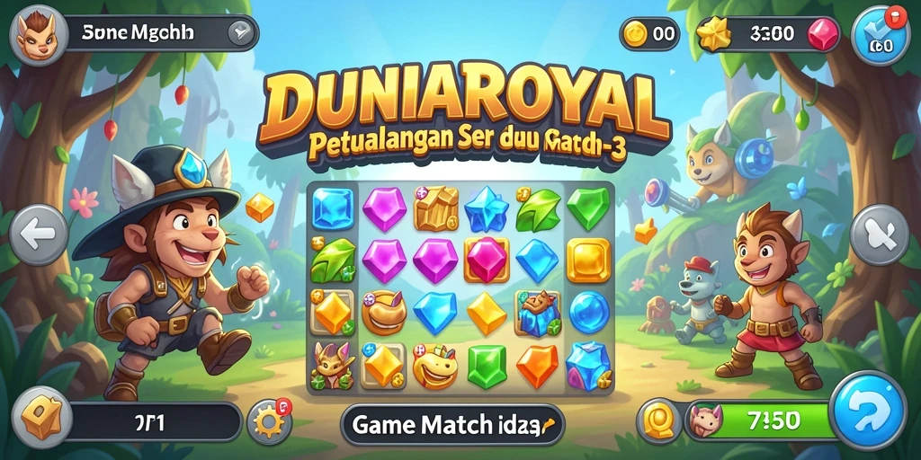 Gameplay seru DUNIAROYAL dengan permata berwarna-warni dalam level Match-3.