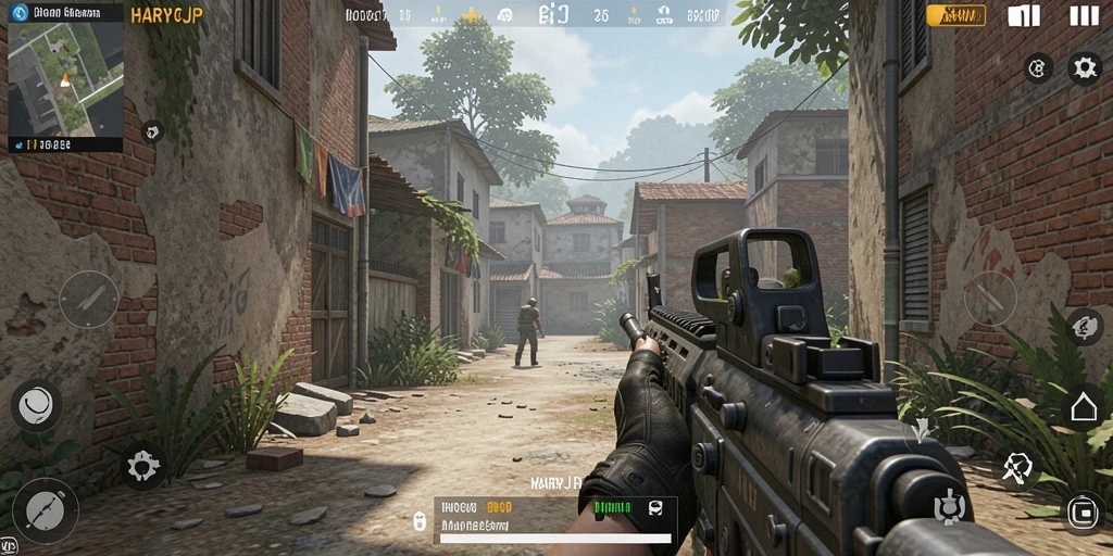 Screenshot utama HARAPJP menampilkan aksi gameplay FPS yang seru.