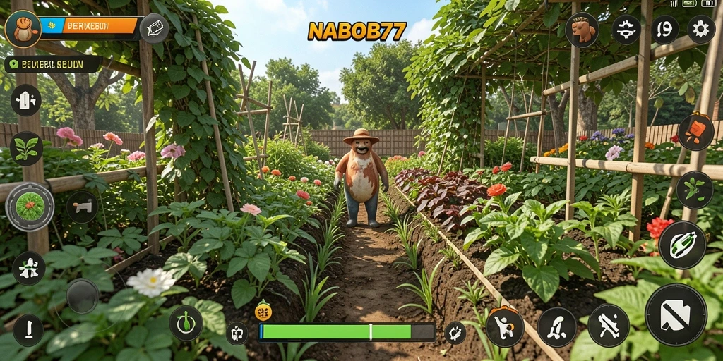 Tangkapan layar utama NABOB77 menampilkan pemain yang sedang bercocok tanam di kebun.