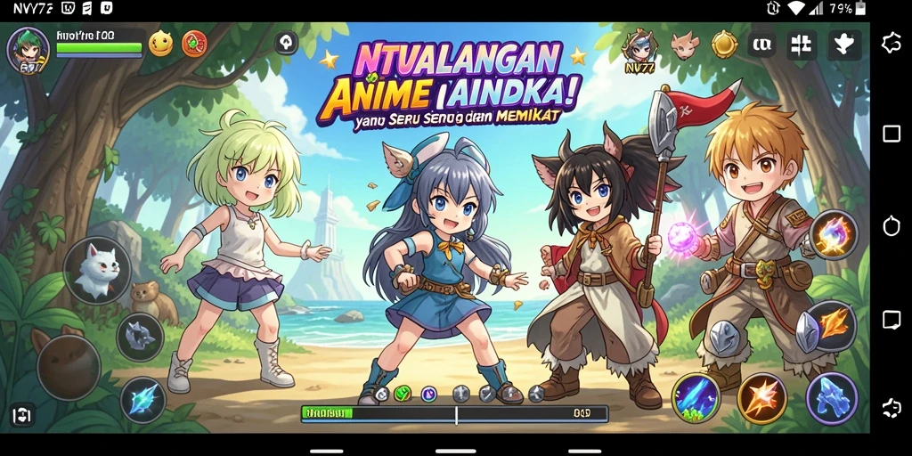 Tampilan gameplay NV77 dengan karakter Anime dan aksi seru.