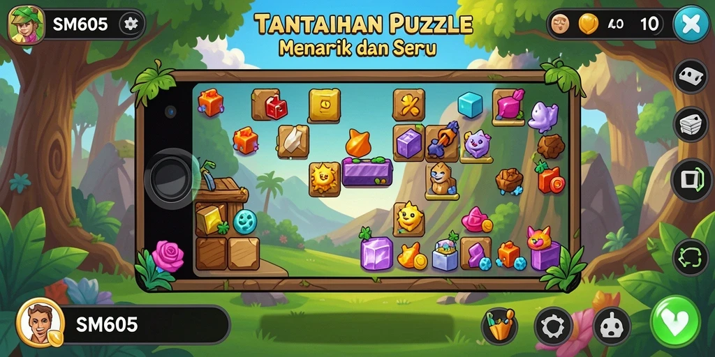 Screenshot SM605 menunjukkan gameplay puzzle yang menantang dan menarik.